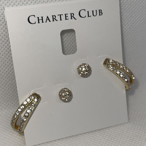 Gold Tone Crystal Earrings (2pc Set) Stunning Chic Fashion Trendy Stylish NWT - Picture 8 of 13